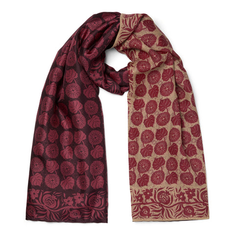 Burgundy and gold Sunflower silk and wool shawl showing both printed sides