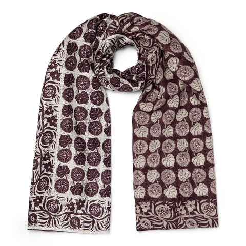 Burgundy and ivory Sunflower silk and wool shawl showing contrasting printed sides